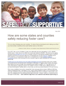 A group of six smiling children of various ethnicities embracing each other. Text reads: Safe, Strong, Supportive